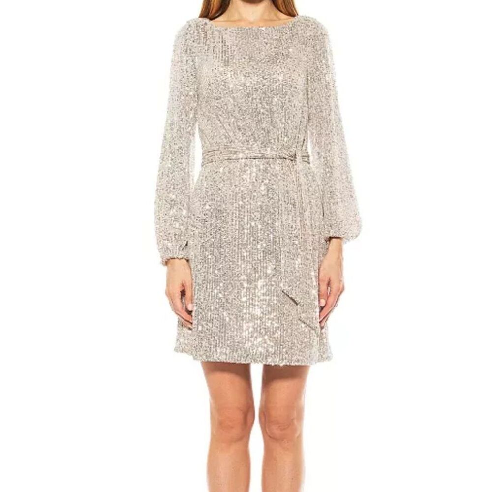 Alexia Admor Large Champagne Val Sequin Mini Dress Tie Waist Bubble Sleeve Party